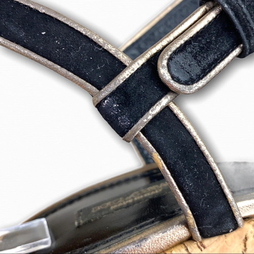 Dolce & Gabbana Black Velvet Gold Leather Wedges - Picture 13 of 15